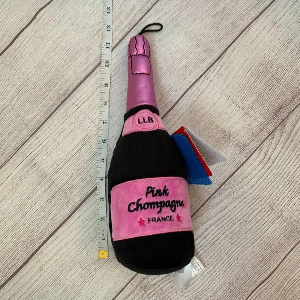 Lulubelles Dog Toy Plush Stuffed Pink & Black Champagne Bottle Squeaky NEW 13